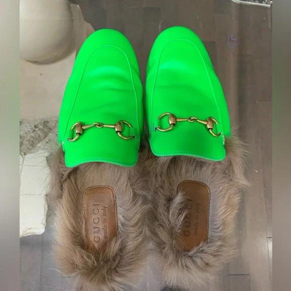 Neon green fur lined Gucci slip ons - Picture 2 of 10